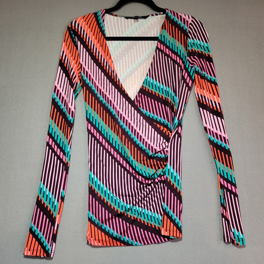 Long Tall Sally XS Geometric Striped Ruched V-Neck Long Sleeve Top Multi-Color